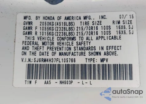 2015 Honda Cr-V Lx from USA, damaged, VIN 5J6RM4H37FL105766